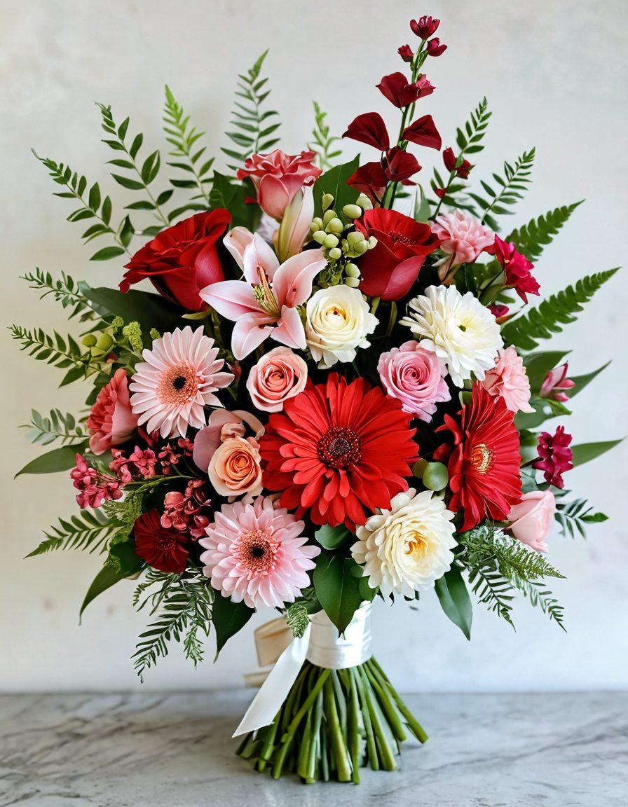 A beautifully arranged bouquet showcasing a variety of vibrant flowers highlighting reds, pinks, and whites. Include delicate ribbons and elegant wrapping that signify luxury and grace. Incorporate a soft, lush background of greenery to enhance the floral focus. An open guidebook beside the arrangement, hinting at floral arrangement tips. gentle pastel colors. soft focus. 3D effect.