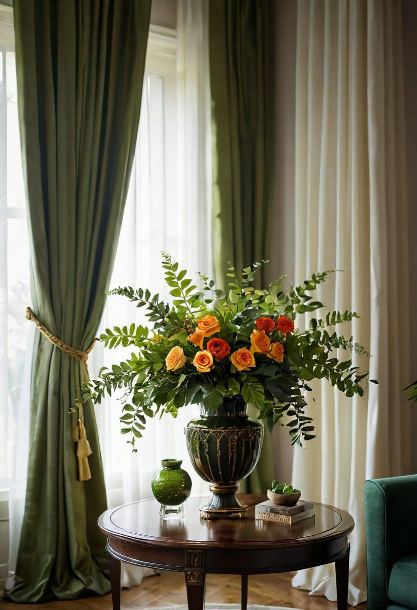A beautifully arranged botanical display showcasing an elegant mix of lush green foliage and vibrant luxury flowers, artfully positioned in a stylish modern living room. Soft sunlight filters through sheer curtains, casting gentle shadows on the ornate vase, while the surrounding decor highlights the beauty of the floral arrangements. An inviting ambiance with a touch of sophistication. super-realistic. vibrant colors. soft lighting.