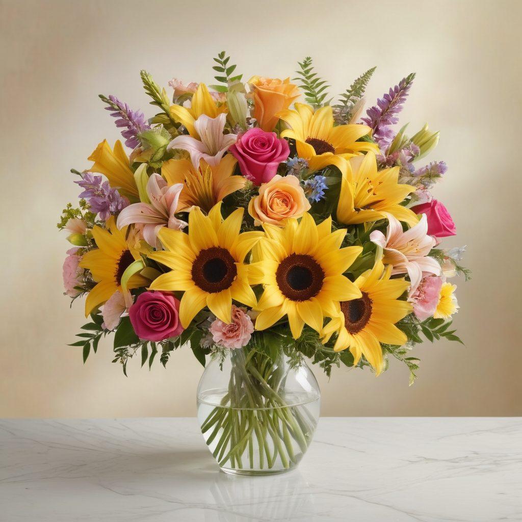 A vibrant bouquet of assorted flowers, showcasing a mix of sympathy blooms like lilies alongside celebratory flowers like sunflowers and roses, all elegantly arranged in a delicate vase. The background features soft pastel colors to evoke warmth and joy, symbolizing the journey from grief to celebration. Include gentle light beams illuminating the flowers to enhance their beauty. super-realistic. vibrant colors. soft focus.